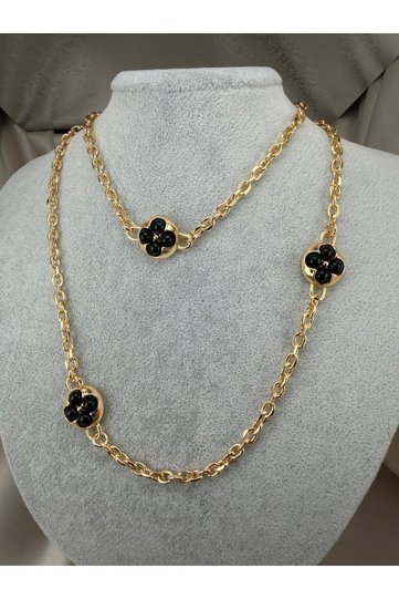 Women's Gold Color Black Clover Detailed Chain Necklace Stylish Modern Statement Neck Necklace