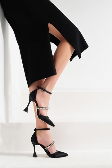 Woman's Black Satin Stone Detailed Evening Dress Shoe 11cm Byndabystn01