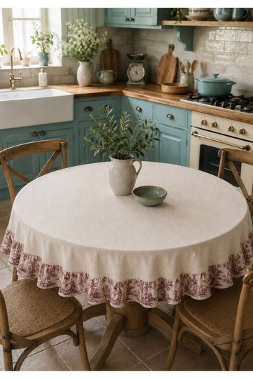 Linen Round Tablecloth with Ruffles Burgundyfrench Peasant Patterned Vintage Country Bohemian Living Room Kitchen Coverlet