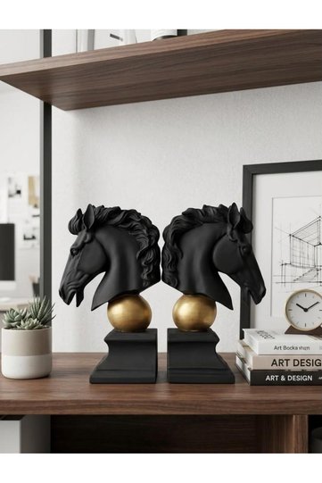 Modern Decorative Figurine – Black Gold Detailed Book Holder Horse Statue, Stylish Home Decor for Living Room Console & Coffee Table Top