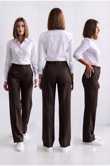 Button + Zipper Closure, Easily Ironable Side Belted Elastic Fabric Pants - Brown