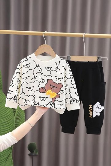 Nisex Baby Kids Top and Bottom Set 2-Piece 100% Cotton Combed Cotton Bear Printed Bow Tie Set - White