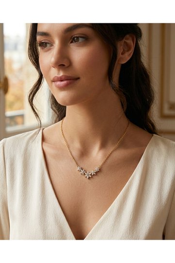 Sparkling Flower Motif Gold Steel Necklace