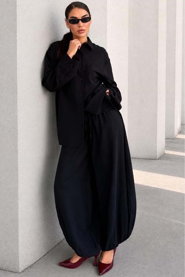 Black Oversize Shirt Balloon Pants Women's Set Mg2779