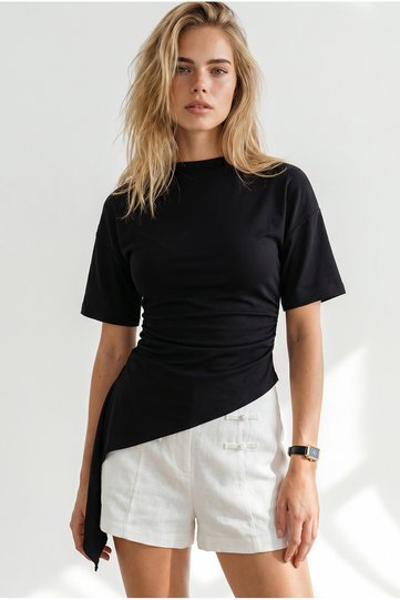 Women's Black Draped Detailed Asymmetrical Blouse Blz-19003399