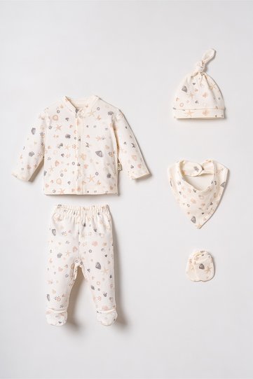 Newborn 100% Cotton Hospital Discharge Set 5-Piece - Bodysuit, Overalls, Hat, Bib, Gloves