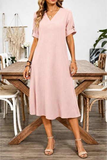 Women's Short Sleeve V-Neck Wrinkled Midi Dress