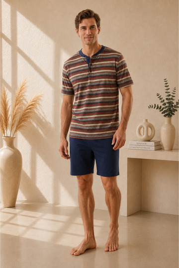 Men's Striped Buttoned Collar Short-Sleeved T-Shirt Navy Blue Shorts Cotton Summer Pajama Set