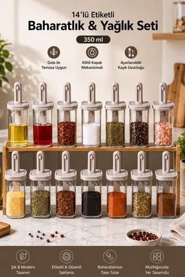 1104 14-Piece Sliding Spoon, Leak-Proof Lid, Labeled Oil Pot, Spice Bowl Set-Storage Container