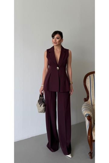 Women's Majeste Plum Blazer Vest Wide Leg Pants Suit