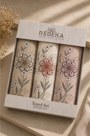 Lavin Flower Embroidered 3-Piece Boxed Face Towel Set 30X50 cm Kitchen Towel