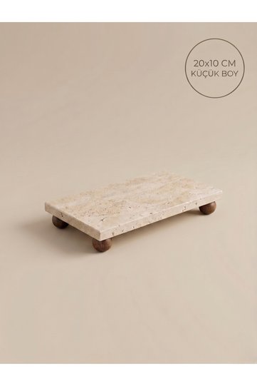 Natural Travertine Marble Oil Bottle Coaster - Liquid Soap Dispenser Base - Serving Tray 20x10 cm with Wooden Feet