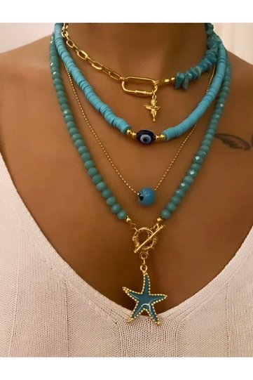 (Four Pendants) Natural Stone Blue Turquoise & Steel Chain Crystal Stone Angel and Star Pendant Non-Allergenic Women's Necklace in Special Gift Box