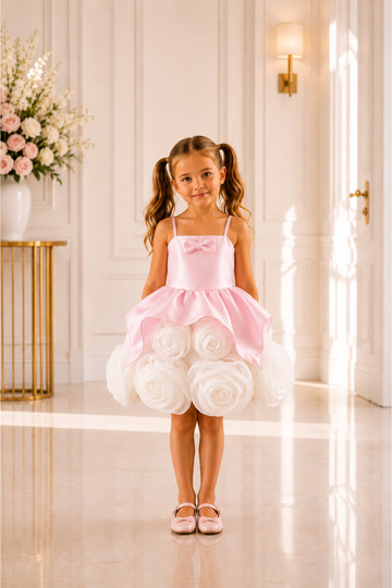 Shedress Pink White Rose Embossed Girls' Dress - Princess Ball Gown with Peplum Detail and Bow