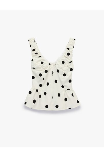 V-Neck Sleeveless Ruffled Peplum Cutout Polka Dot Poplin Blouse