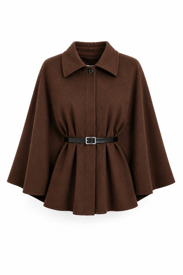 Belted Women's Wool Checked Poncho - Brown