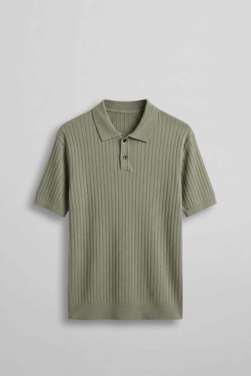 Men's Relaxed Fit Ribbed Knitwear Polo Neck T-Shirt Khaki