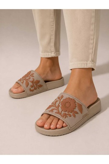 Flower Embossed Beige Eva Women's Pool, Beach, Bathroom, Terrace, Home and Street Slippers