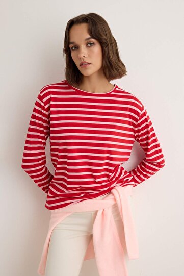 Kırmızı-Pembe Çizgili Regular/Normal Kalıp Basic Bisiklet Yaka Örme T-Shirt TWOAW23TS00002