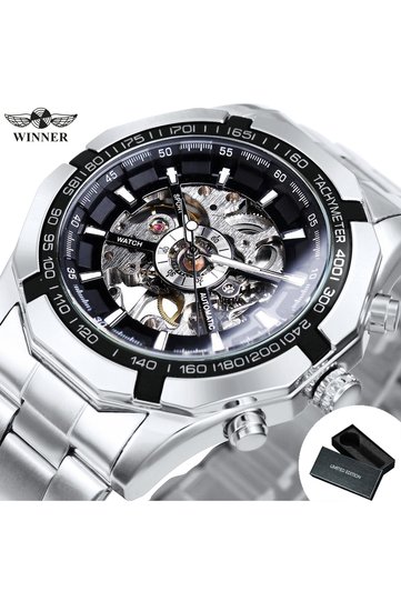AUTOMATIC SILVER WINNER Classic Skeleton Watch for Men Luminous Hands Mechanical Watches Stainless S