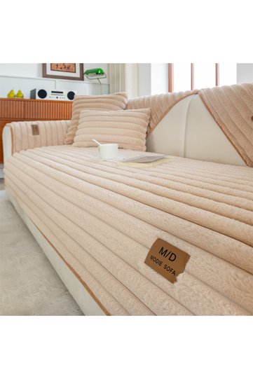 60*60cm Dark Khaki Stripe Thicken Immitation Rabbit Fur Plush Sofa Cover Non-Slip Couch Cushion Slip