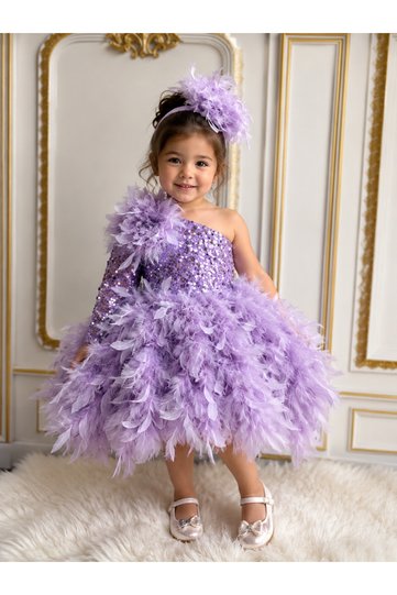Lilac Beaded Skirts with Feather Girl Child Special Occasion Graduation Dress