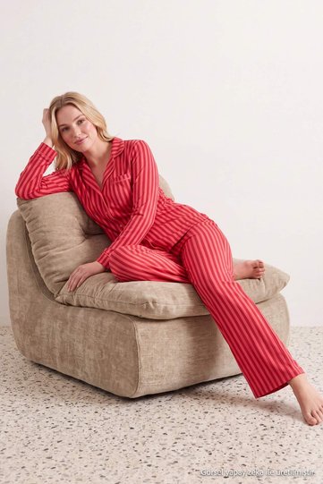 Burgundy-Pink 100% Cotton Striped Piping Detailed Knitted Pajama Set Thmaw21Pt0614