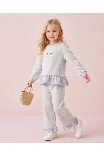 Girls Grey Melange Seersucker Check Jog Set