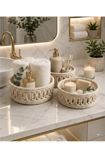 Jute Wicker 3-Piece Bathroom Basket Set Natural Wicker Organizer, Towel Storage Basket Decorative Bathroom