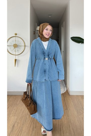 Women's Kimono Jeans Suit with Brooch Detail and Elastic Waist Skirt