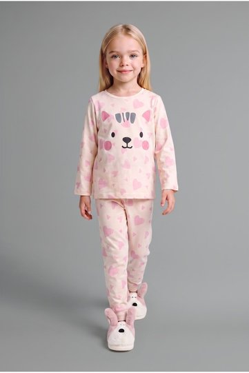 100% Cotton Animal Figured and Heart Patterned Long Sleeve Top and Elastic Leg Bottom 2-Piece Pajama Set for Baby Girl