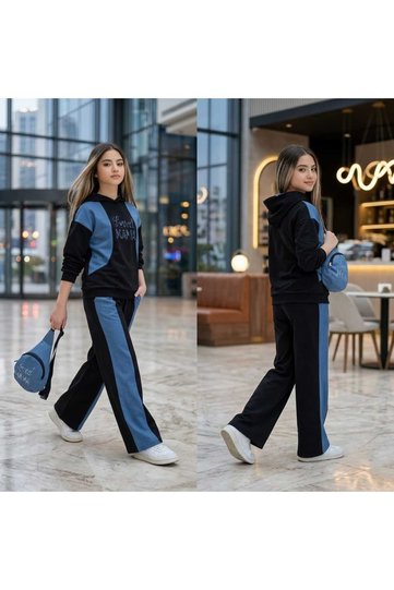 Girl's Denim Detailed Printed 3-Piece Set - Hooded Sweatshirt - Pants - Denim Bag