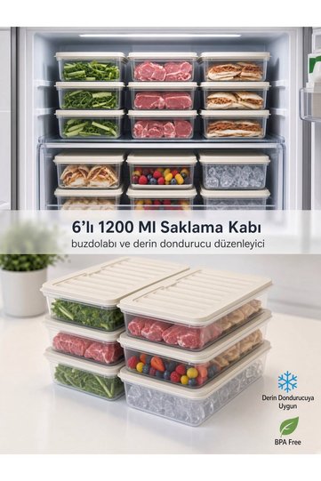 Set of 6 Freshbox Storage Containers Suitable for Microwave and Refrigerator - Refrigerator Organizer 1200 ml