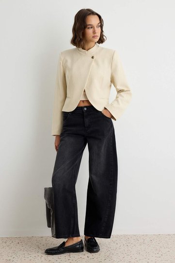 Black 100% Cotton Stitched Detail High Waist Barrel Jeans Twoaw27Je00010