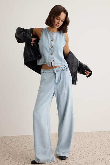 Light Blue 100% Tencel Blouse Wide Leg Jeans Denim Bottom - Top Set Twoaw27Au00050