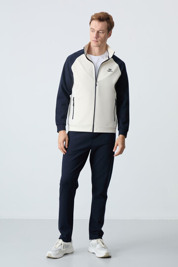 Beige and Navy Blue High Collar Double Color Casual Fit Classic Leg Men's Tracksuit Set - 85113