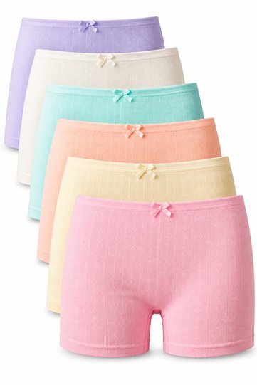 Girl's Jacquard Heart Patterned Boxer Briefs 6-Pack 100% Cotton Soft and Stretchy Ages 3-4 / 9-10