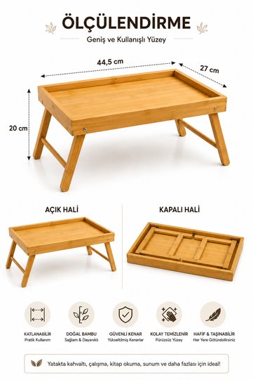 Foldable Bamboo Enjoyment Tray – Bed Breakfast Tray with Legs, Laptop and Work Table 44.5 × 27 × 20 cm