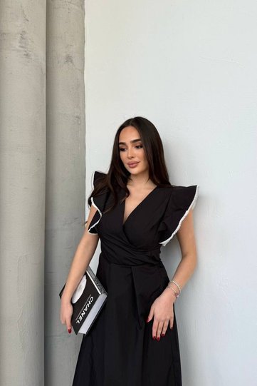 Women's Double Collar Flawed Shoulder Detail French Lace Detail Midi Length Flawed Dress