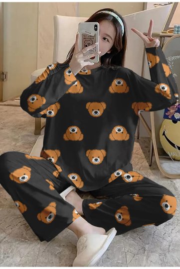 Brown Teddy Bear Patterned Long Sleeve Pajama Set
