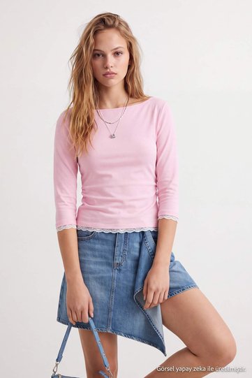 Pink Lace Detail Fitted Boat Neck Three-Petal Sleeve Cotton Stretch Knit T-Shirt TWOAW27TS00003