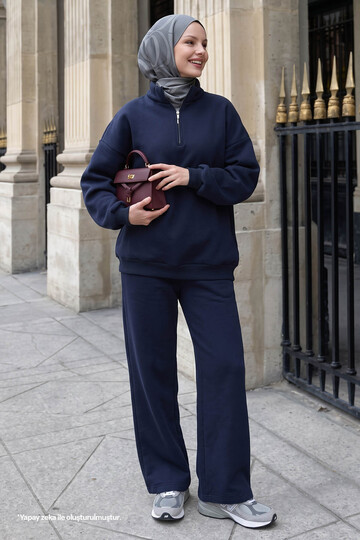 Raised Zippered Navy Blue Double Set