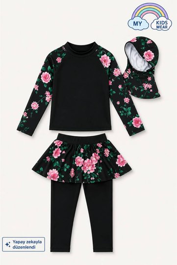 Three-Piece Girls' Hashema, Hijab, Skirt, Closed Swimsuit