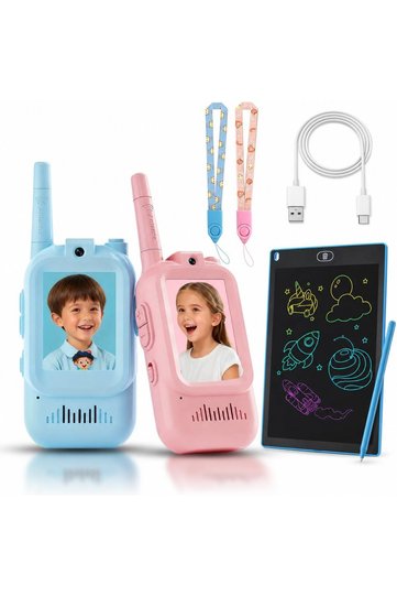 Kids Walkie Talkies (blue&pink) set with Camera & Video, Rechargeable 2-Way Radio for Boys & Girls, Push-to-Talk, Voice Changer, USB-C Charging, Lanyards & LCD Writing Tablet Gift Set