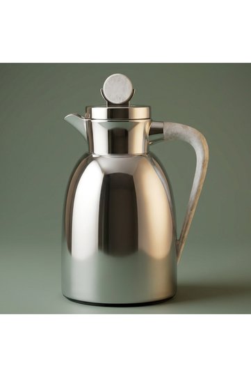 Al Saif Gallery Stainless Steel Yarn Thermos, 1 Liter, Glass Inner Container, Push Button, Marble Handle - Shiny Silver