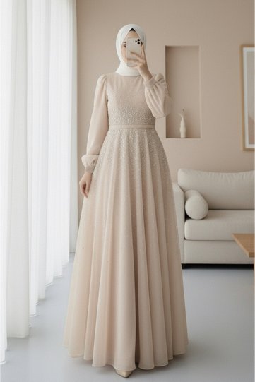 Lined Tulle Evening Dress with Stone Detail on the Front - Beige