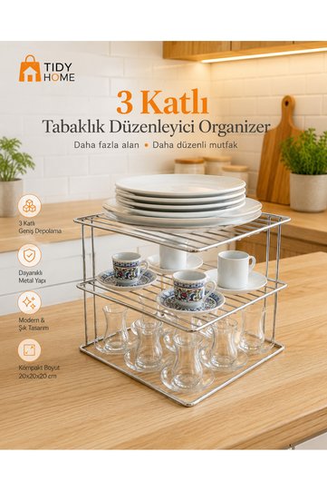 3-Tier Plate Holder Metal Cabinet Organizer Countertop Bathroom Plate Cup Organizer Metal Rack