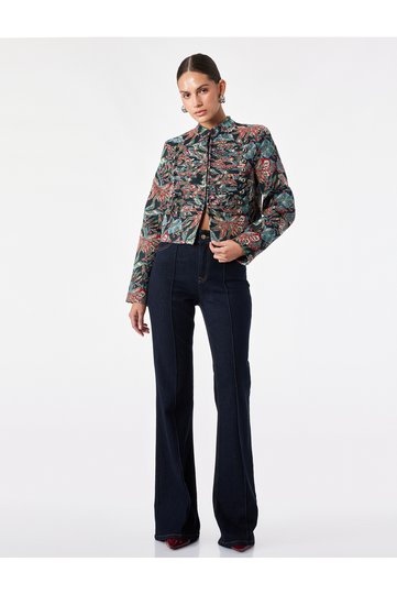 Metal Button Floral Jacquard Viscose Crew Neck Long Sleeve Napoleon Jacket