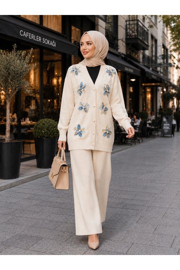 Semela Women's Floral Cardigan and Pants Two-Piece Hijab Knit Set (SKIN CREAM COLOR)