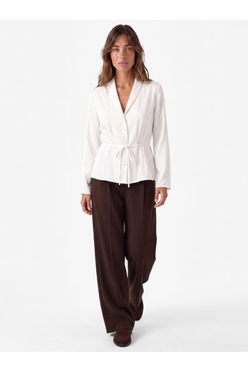 Long Sleeve Buttoned Tie V-Neck Crepe Shirt